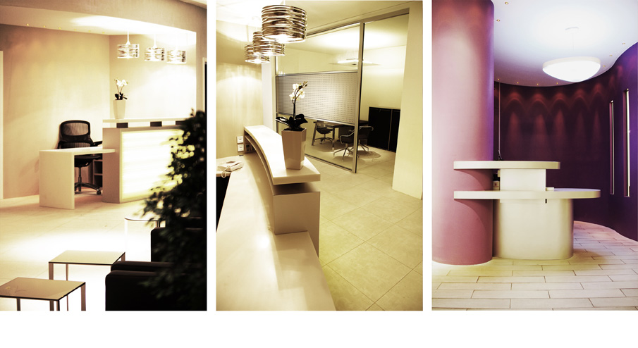 bank’s layout mixing laminated stainless steel and Corian reception units