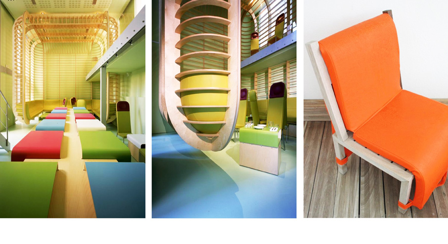 Hotel Layout mixing bright colors and woodcrafts